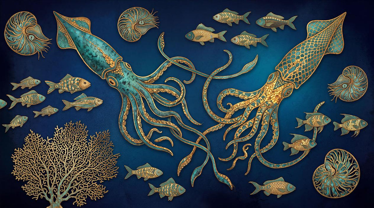 Navy Giant Squid and Fish Wallpaper Mural