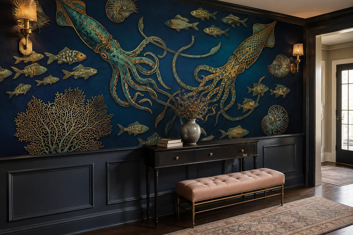 Navy Giant Squid and Fish Wallpaper Mural 3
