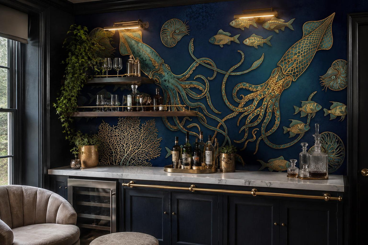 Navy Giant Squid and Fish Wallpaper Mural 4