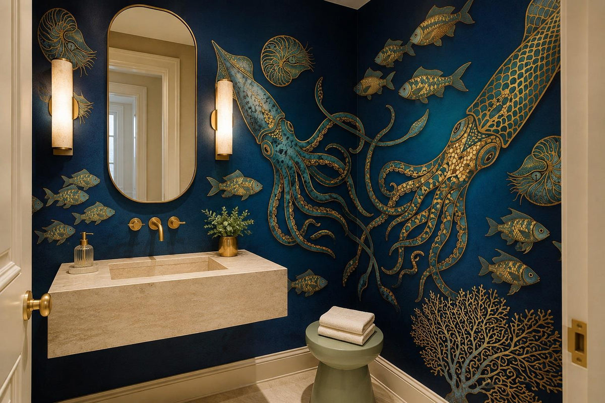 Navy Giant Squid and Fish Wallpaper Mural 5