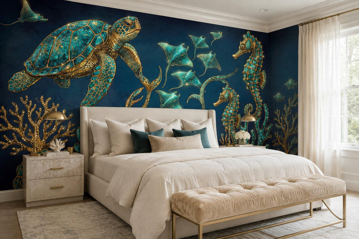 Navy Sea Turtles and Rays Wallpaper Mural 1
