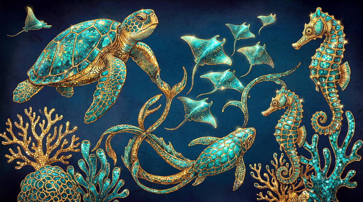 Navy Sea Turtles and Rays Wallpaper Mural