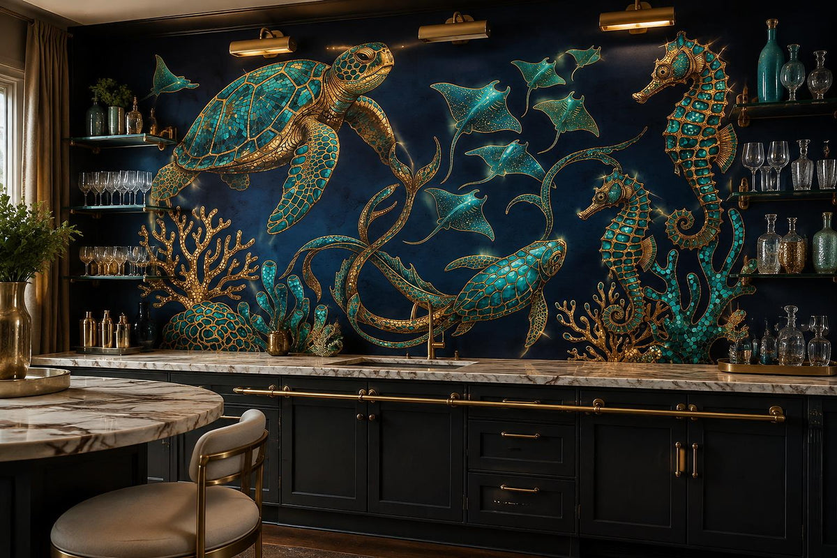 Navy Sea Turtles and Rays Wallpaper Mural 3