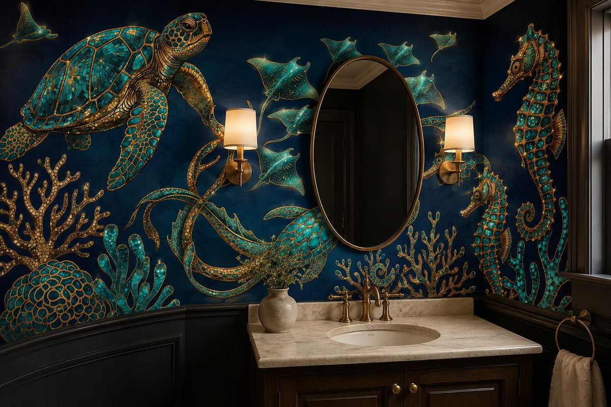 Navy Sea Turtles and Rays Wallpaper Mural 4