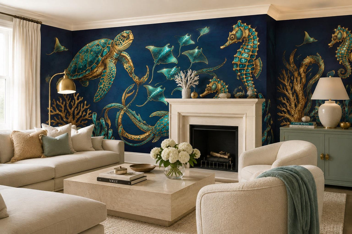 Navy Sea Turtles and Rays Wallpaper Mural 5