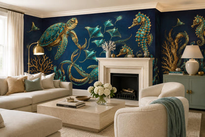 Navy Sea Turtles and Rays Wallpaper Mural 5