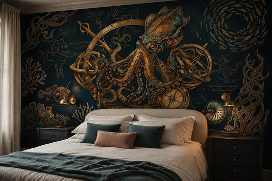 Steampunk Octopus Navy Wallpaper Mural 1