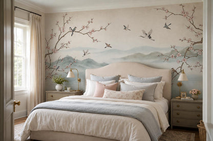 Blossom Birds Misty Lake Wallpaper Mural 1