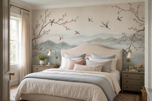 Blossom Birds Misty Lake Wallpaper Mural 1
