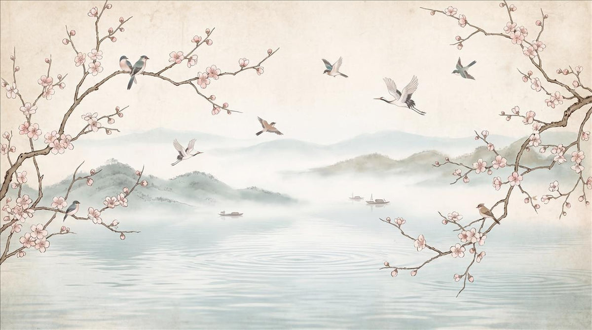 Blossom Birds Misty Lake Wallpaper Mural
