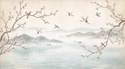 Blossom Birds Misty Lake Wallpaper Mural 2