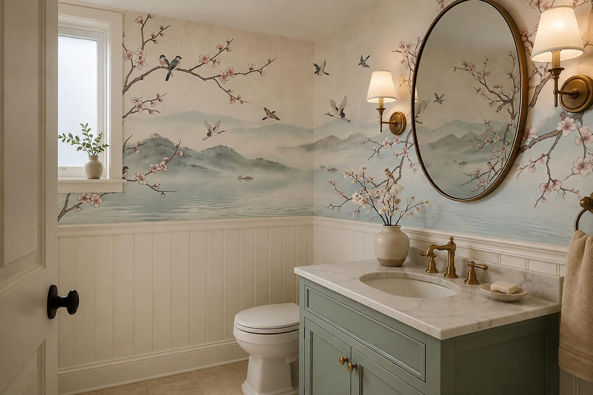 Blossom Birds Misty Lake Wallpaper Mural 3