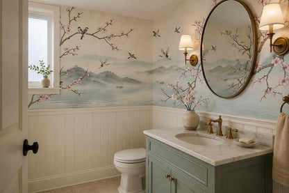Blossom Birds Misty Lake Wallpaper Mural 3