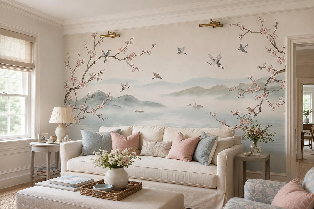 Blossom Birds Misty Lake Wallpaper Mural 4