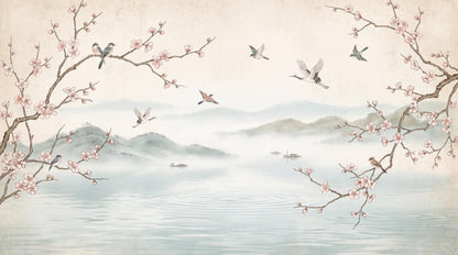Blossom Birds Misty Lake Wallpaper Mural 5
