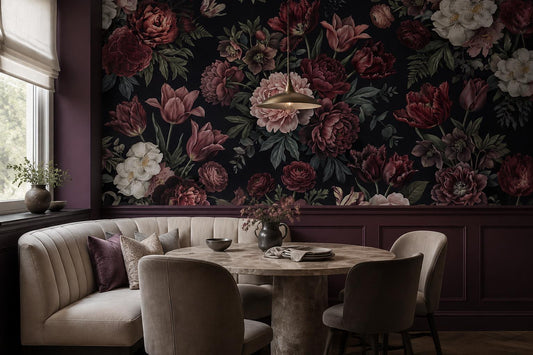Burgundy Peony Dark Floral Wallpaper Mural 1