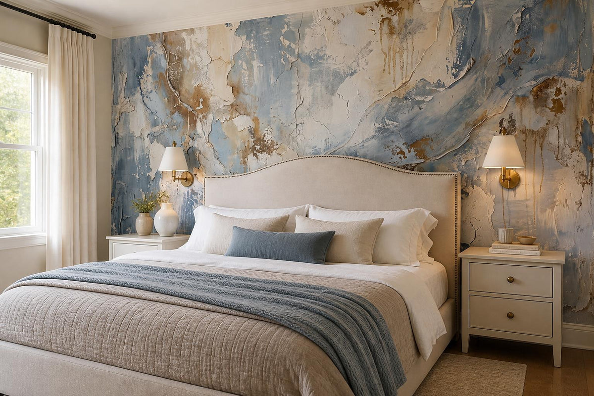 Blue Cream Flowing Abstract Wallpaper Mural 1