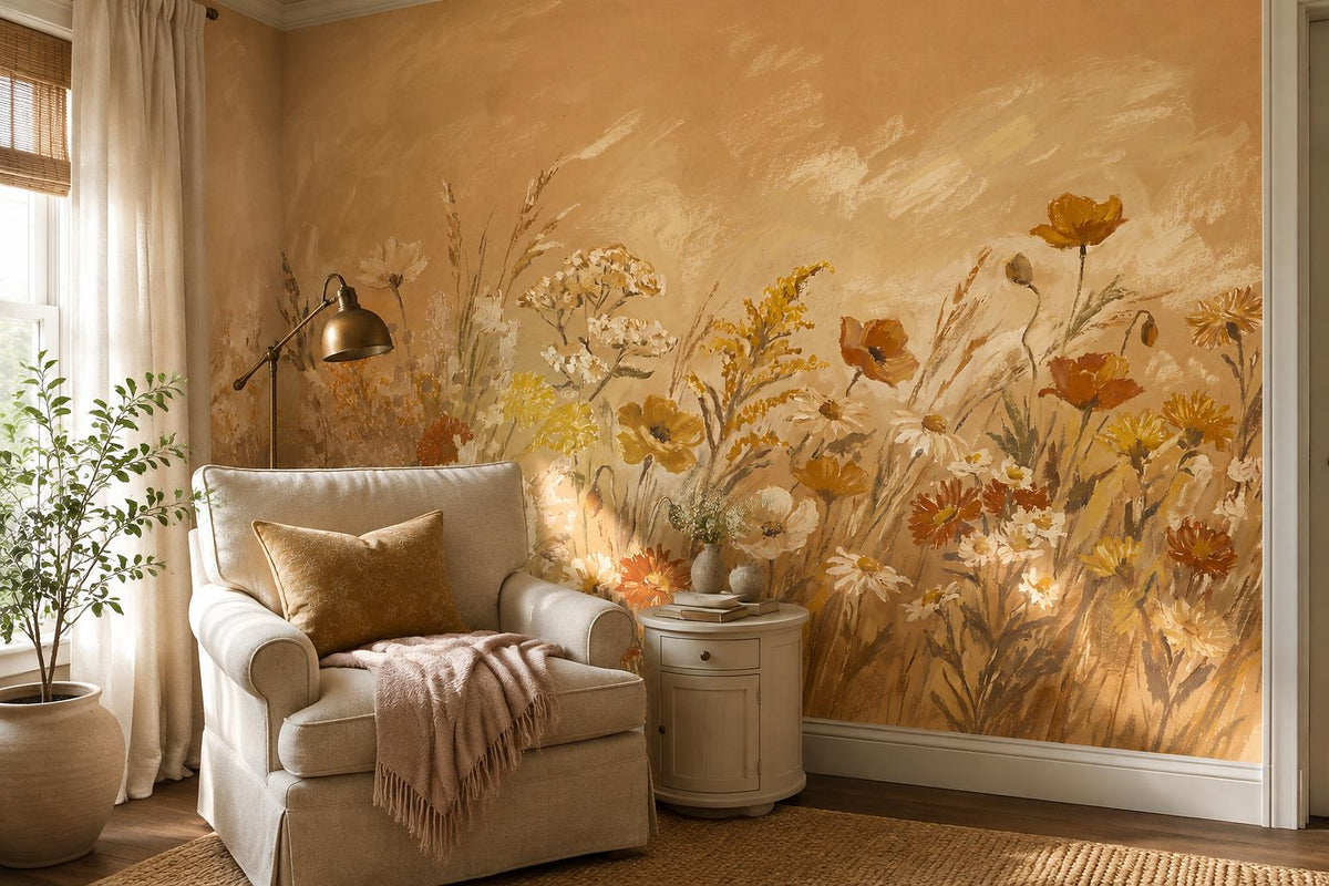 Golden Ochre Wildflower Meadow Wallpaper Mural 5