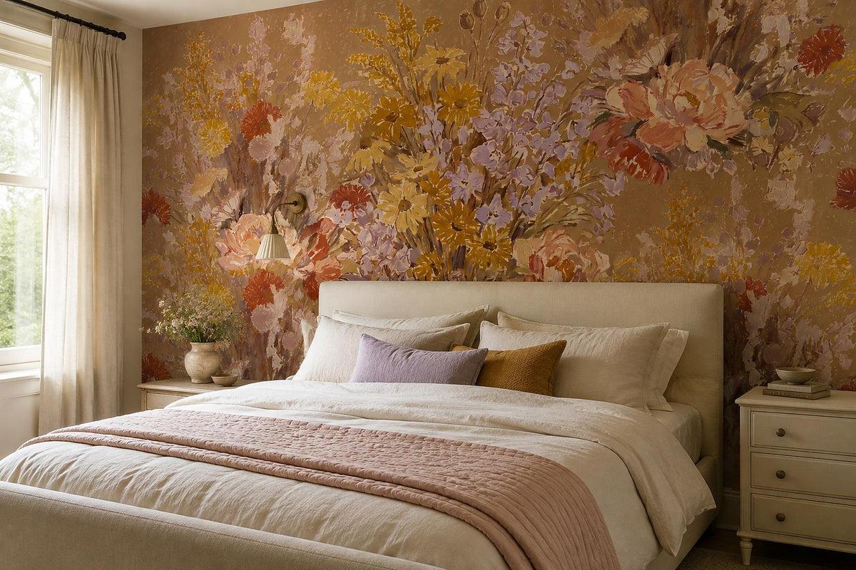 Terracotta Autumn Flower Meadow Wallpaper Mural 1