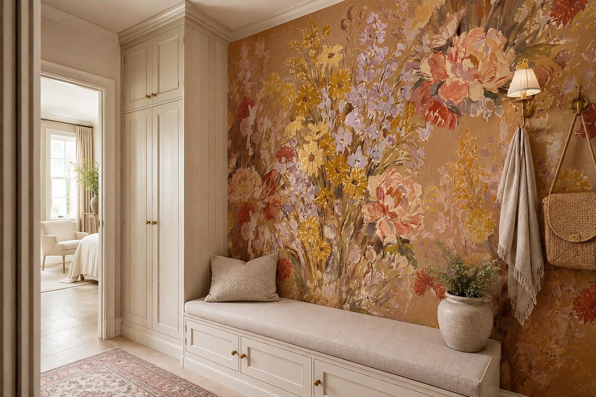 Terracotta Autumn Flower Meadow Wallpaper Mural 3