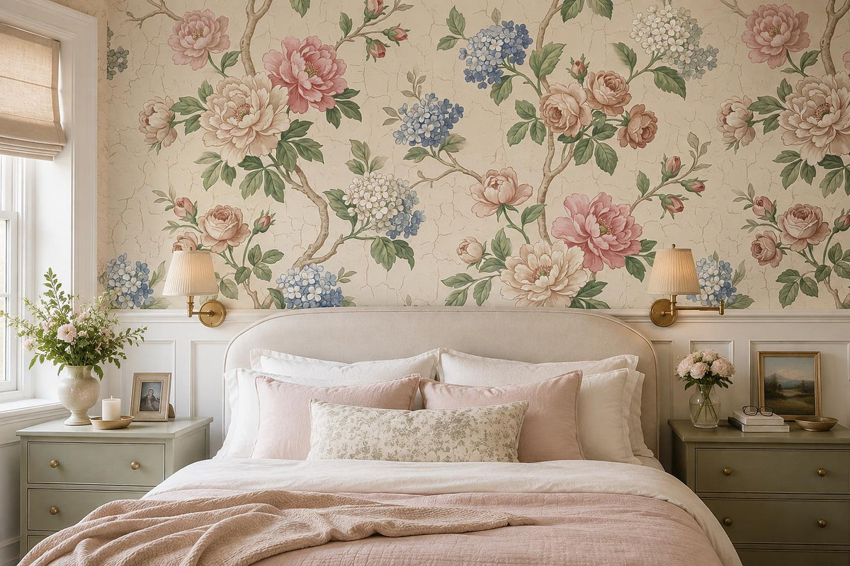 Pink Roses Peonies and Hydrangeas Wallpaper Mural 1