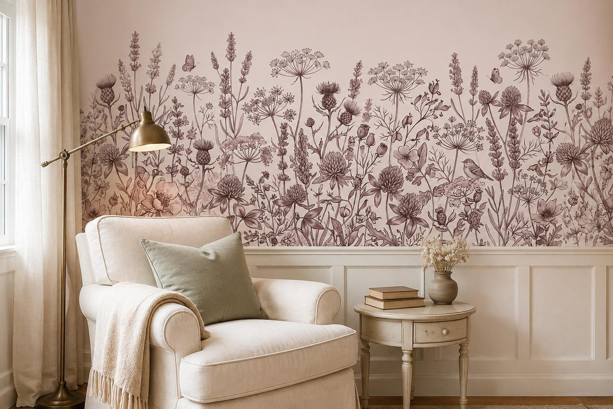 Blush Wildflower Botanical Border Wallpaper Mural 4