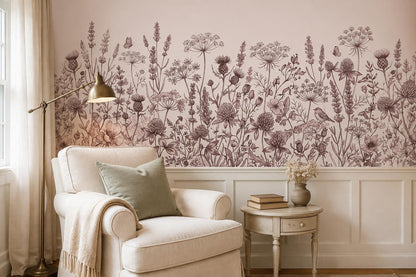 Blush Wildflower Botanical Border Wallpaper Mural 4