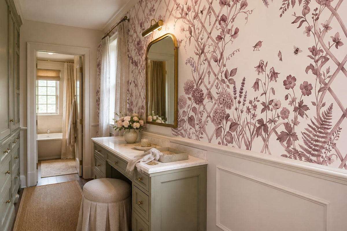 Blush Garden Trellis Floral Wallpaper Mural 3