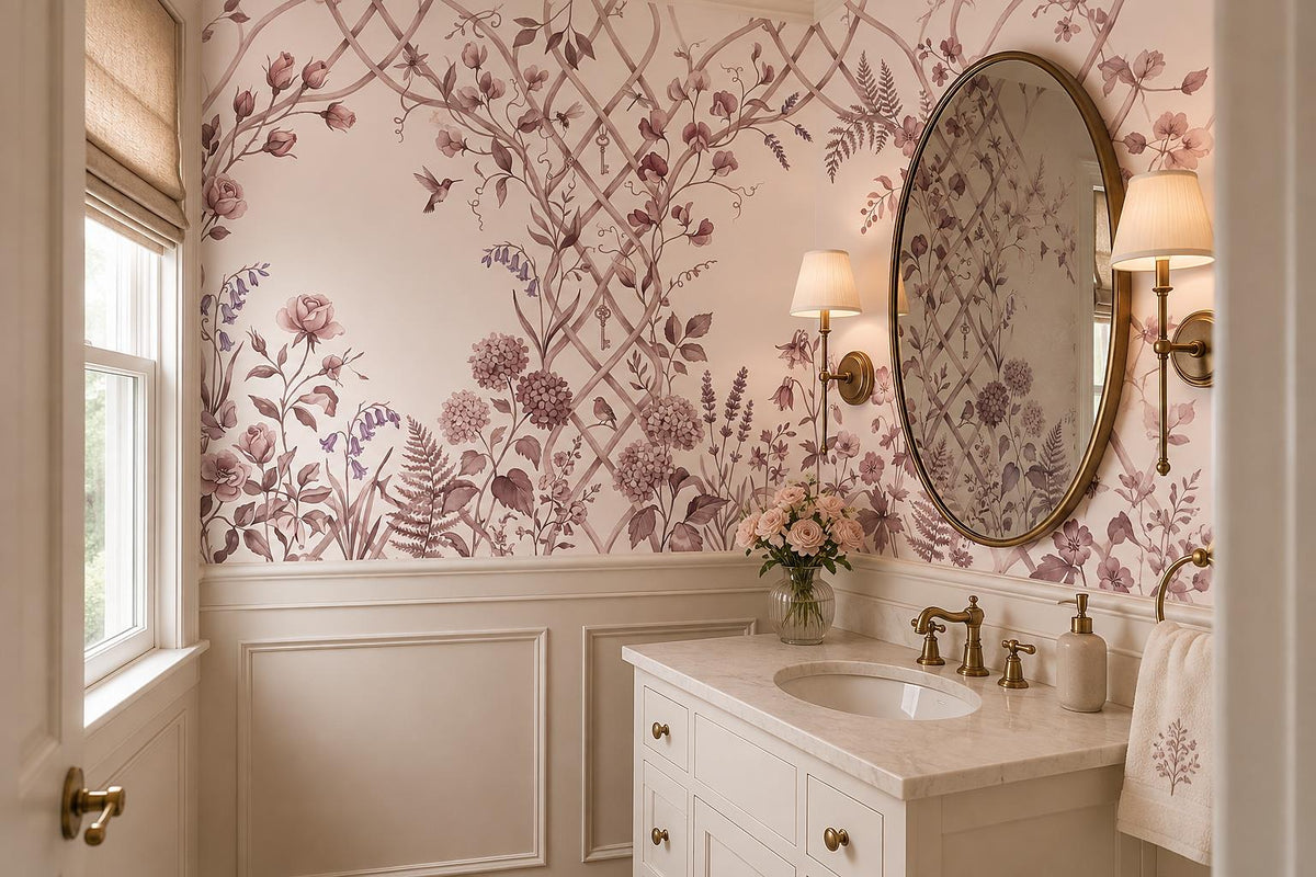 Blush Garden Trellis Floral Wallpaper Mural 4