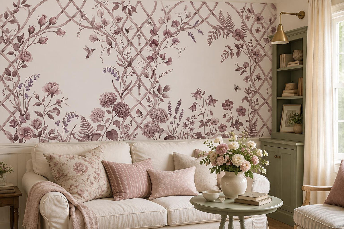 Blush Garden Trellis Floral Wallpaper Mural 5