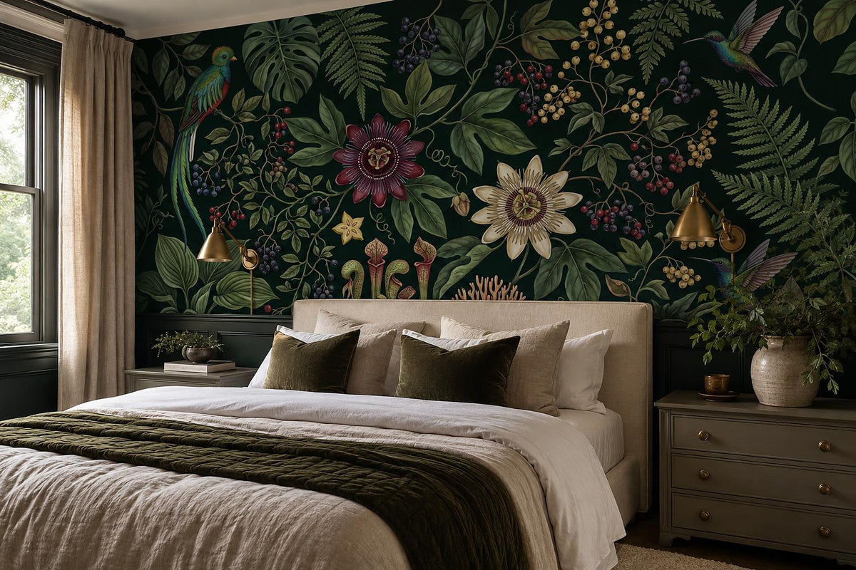 Dark Passionflower Jungle Wallpaper Mural 1