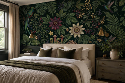 Dark Passionflower Jungle Wallpaper Mural 1