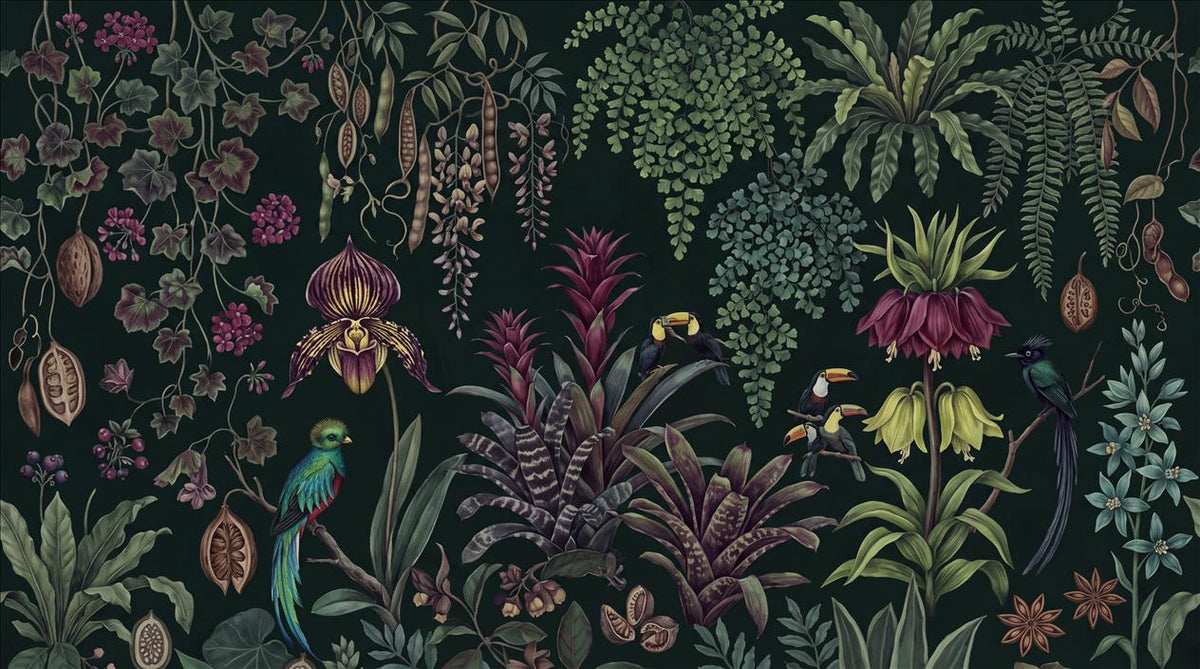 Dark Orchid and Fern Jungle Wallpaper Mural 2