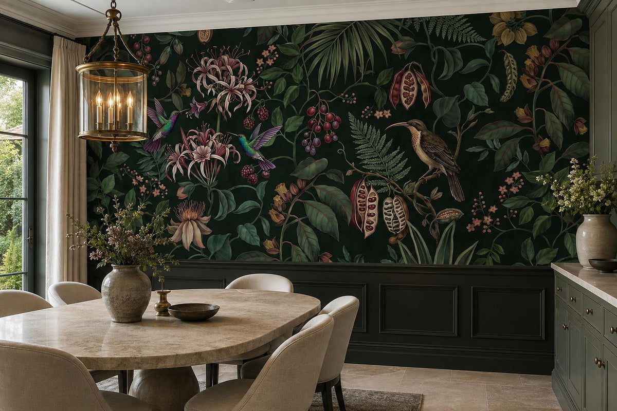 Dark Tropical Flowers and Birds Wallpaper Mural 3
