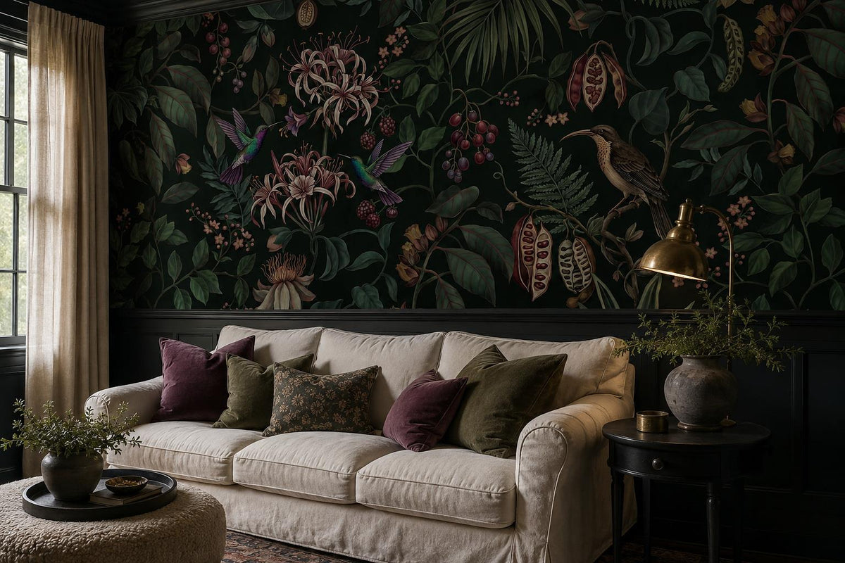 Dark Tropical Flowers and Birds Wallpaper Mural 5
