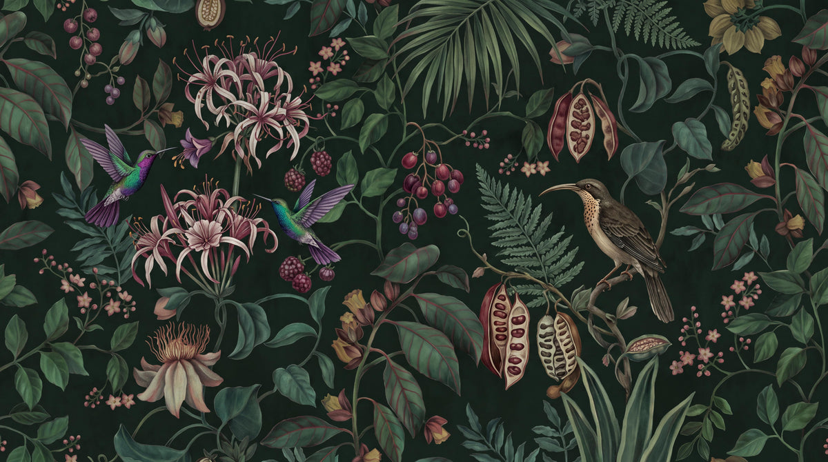 Dark Tropical Flowers and Birds Wallpaper Mural 6