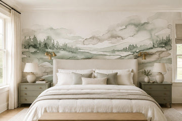 Misty River Valley Watercolor Wallpaper Mural
