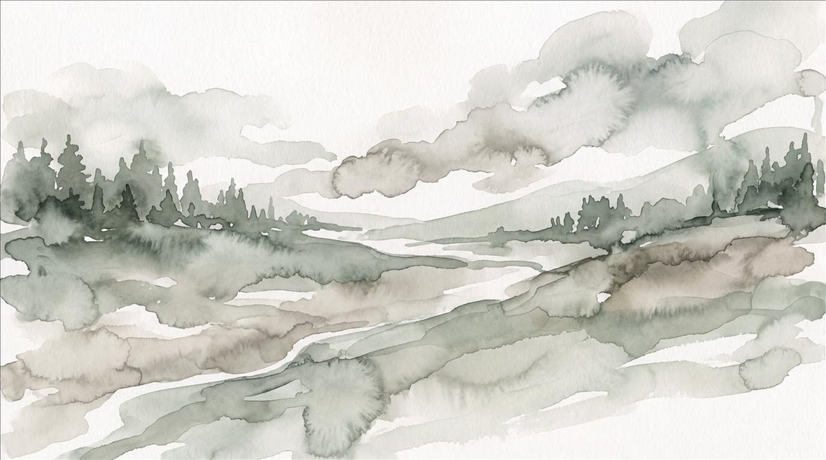 Misty River Valley Watercolor Wallpaper Mural 2