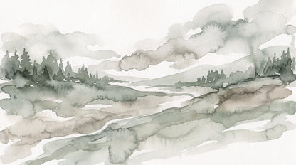 Misty River Valley Watercolor Wallpaper Mural 5