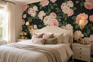 Pink Roses on Black Wallpaper Mural