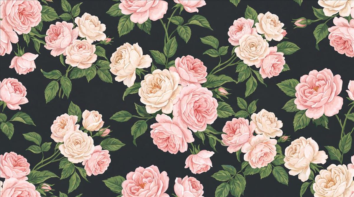 Pink Roses on Black Wallpaper Mural