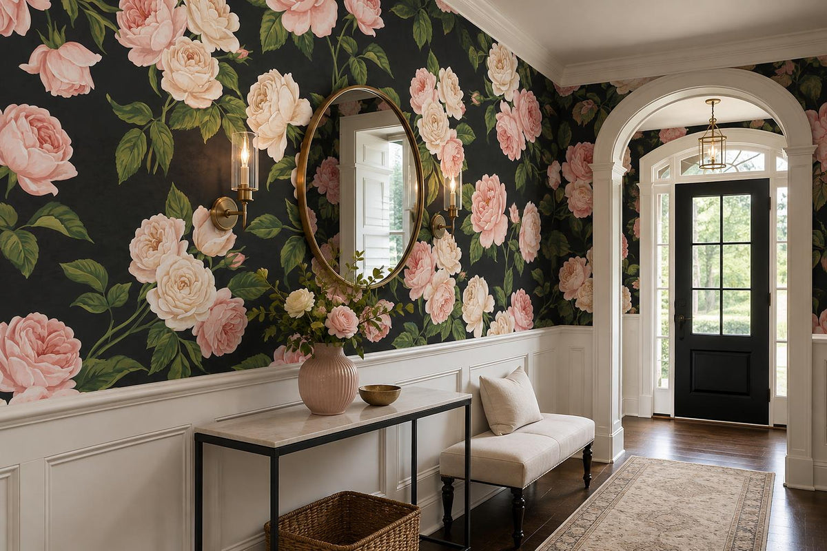 Pink Roses on Black Wallpaper Mural 3