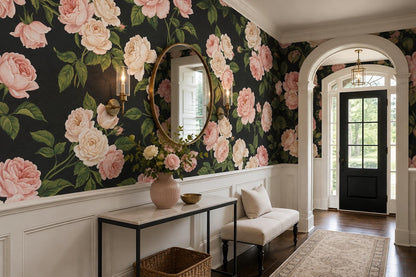 Pink Roses on Black Wallpaper Mural 3