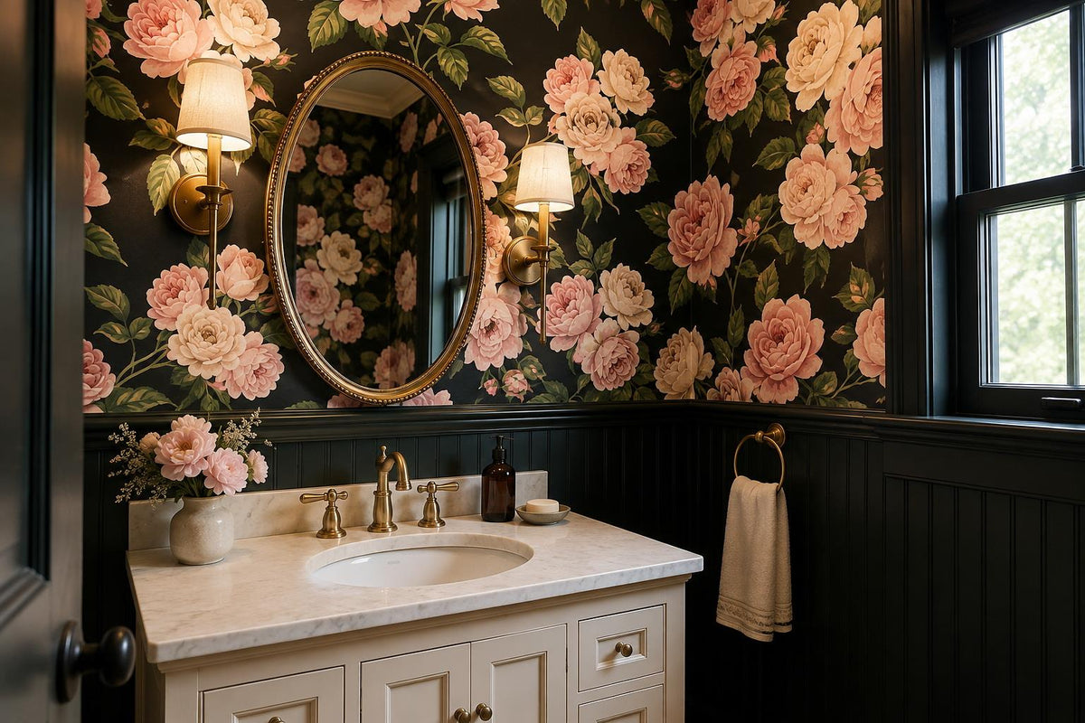 Pink Roses on Black Wallpaper Mural 4