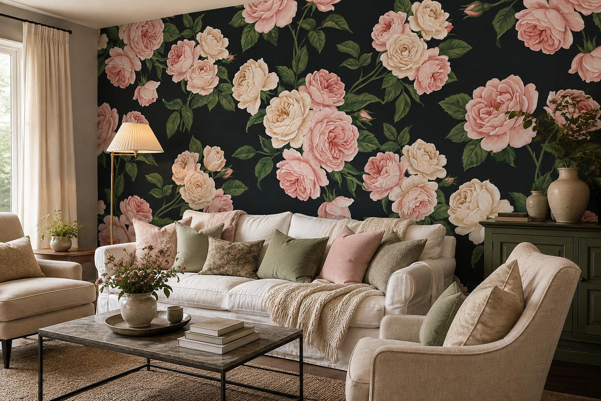 Pink Roses on Black Wallpaper Mural 5
