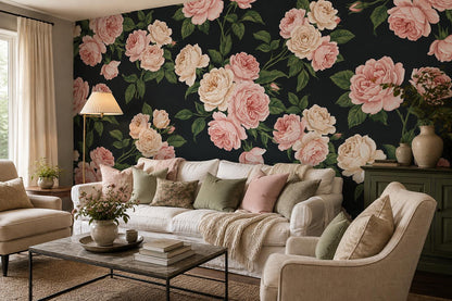 Pink Roses on Black Wallpaper Mural 5