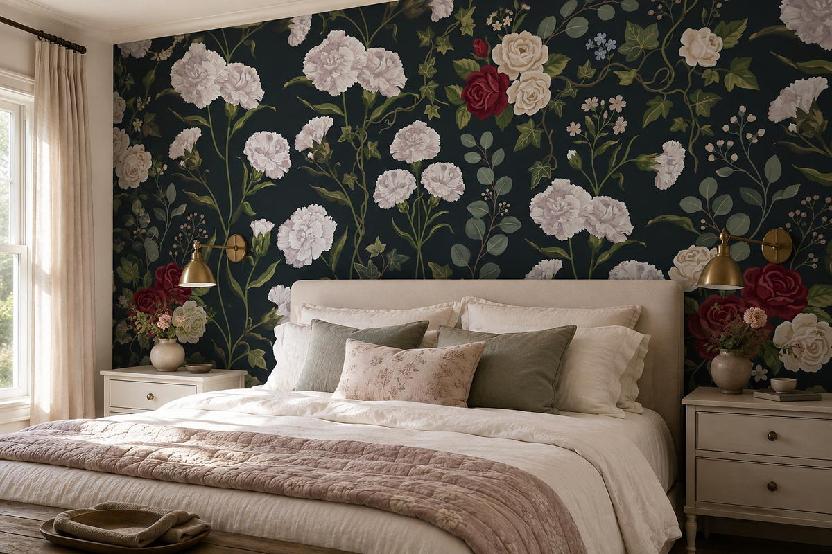 Climbing Garden Flowers Dark Wallpaper Mural 1