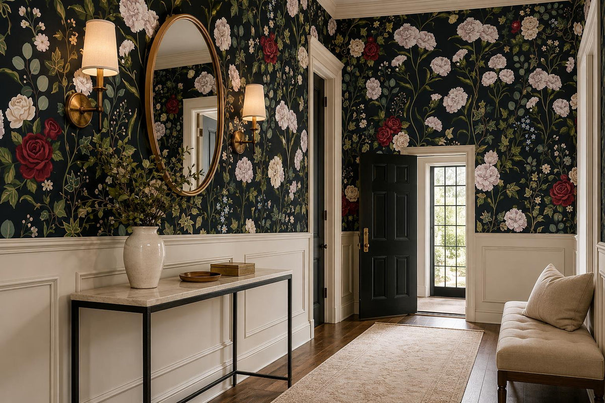 Climbing Garden Flowers Dark Wallpaper Mural 3