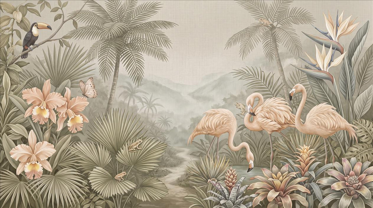 Vintage Flamingos Tropical Garden Wallpaper Mural