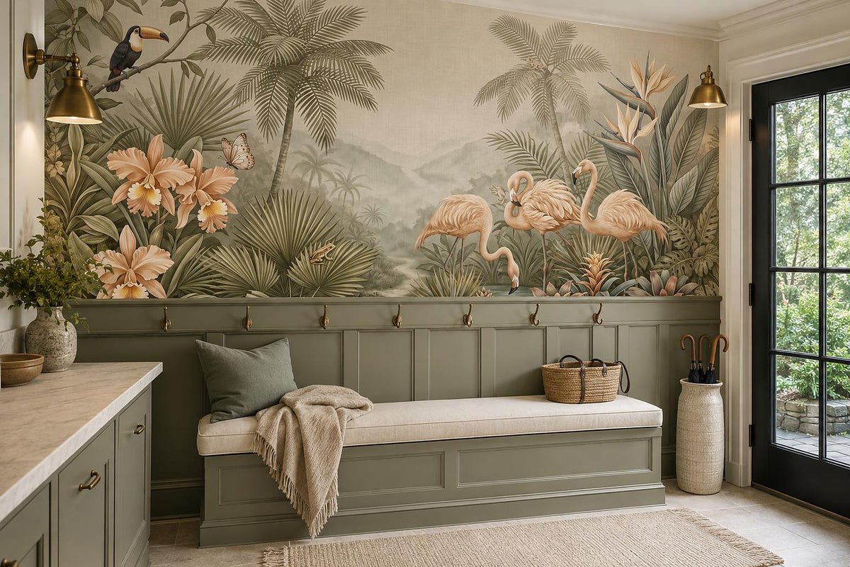 Vintage Flamingos Tropical Garden Wallpaper Mural